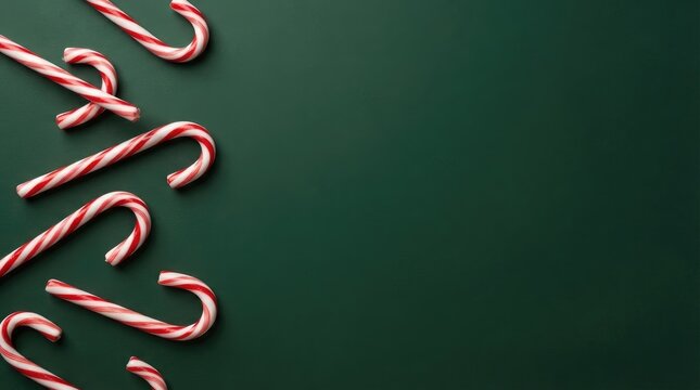 Festive red and white striped candy canes arranged along the left border against a dark green background with copy space