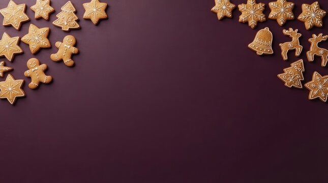 Assorted decorated gingerbread cookies in star, tree, man, bell, and reindeer shapes arranged in the upper corners again