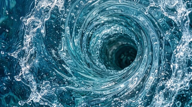 Powerful Blue Water Vortex with Swirling Liquid Tunnel, Transparent Ripples and Air Bubbles, Abstract Whirlpool Background for Fluid Dynamics and Hydraulic Flow