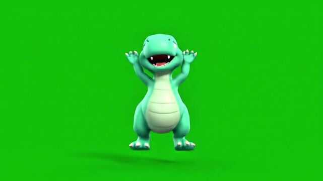 Adorable turquoise dinosaur with happy expression and hands raised against a green screen background