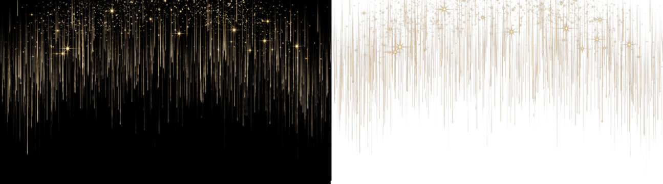Golden glitter curtain falling on black and white backgrounds, sparkling gold dust rain overlay, luxury shimmer particles for festive celebration