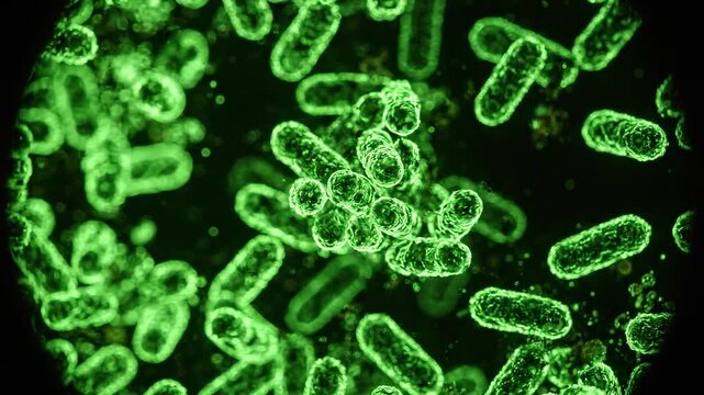 A microscopic view of glowing green bacteria, highlighting their intricate cellular structures and abundant presence. This image captures the unseen world of microorganisms.