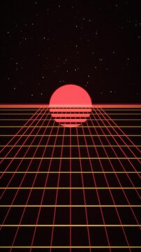 Seamless Loop Red Retro Sun Grid Tunnel, Synthwave Background, Vertical Video