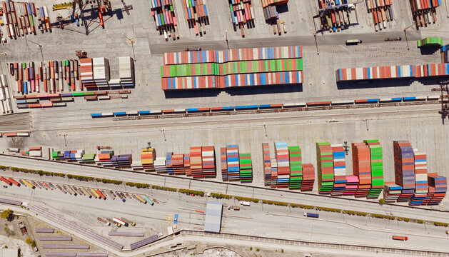 Aerial view of a global shipping port terminal
