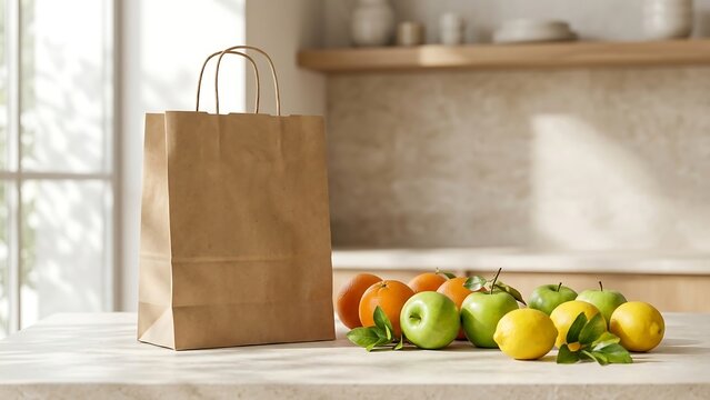Eco-friendly brown paper shopping bag standing on a bright kitchen counter next to fresh green apples, ripe oranges, and lemons, representing healthy grocery delivery and sustainable lifestyle.