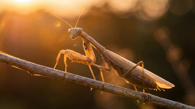 praying mantis close up at sunset golden light in the mediterranean region video