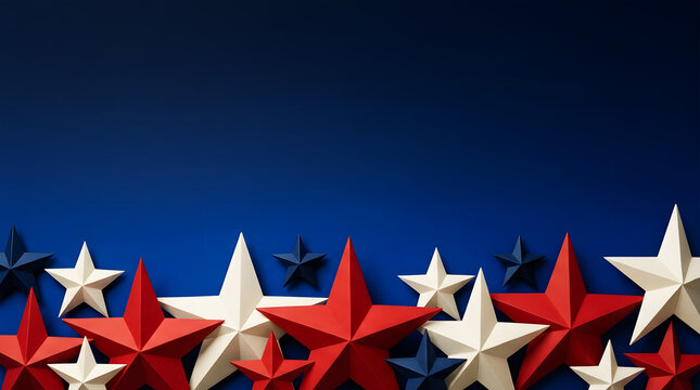Patriotic stars in red white and blue against a dark navy background