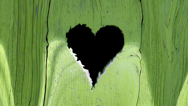 Abstract Distorted Green Wood Texture Background with a Central Heart Shaped Silhouette