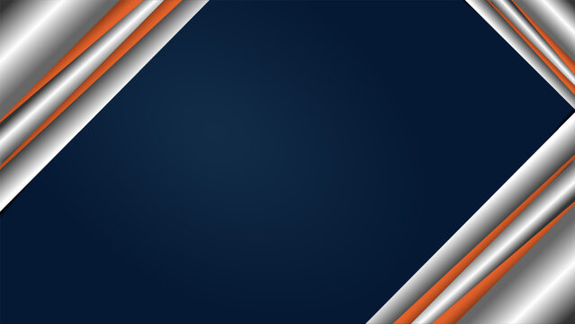 0489 - abA sleek abstract background featuring metallic silver diagonal bars and bold orange lines against a dark navy blue backdrop, providing ample copy space.