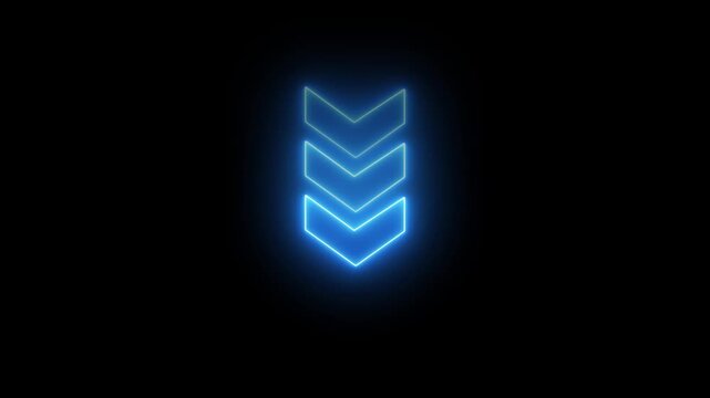 blue neon sequential directional arrows icon for forward movement, navigation pointer, progression symbol, motion indicator animation