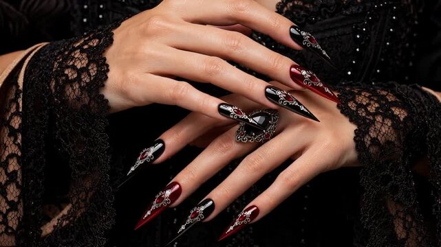 Gothic hands cross and reposition, displaying black and red jeweled stiletto nails with lace and statement ring
