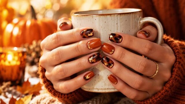 Hands cradle a ceramic mug while showing warm autumn tortoiseshell and gold foil manicure