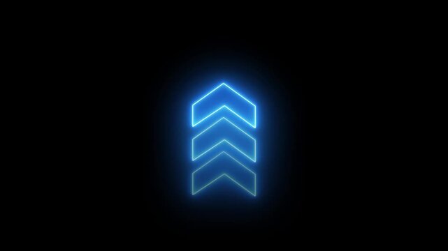 blue neon sequential directional arrows icon for forward movement, navigation pointer, progression symbol, motion indicator animation