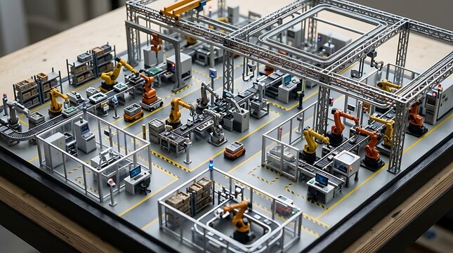Miniature Model Industrial Robotics Factory Setup.