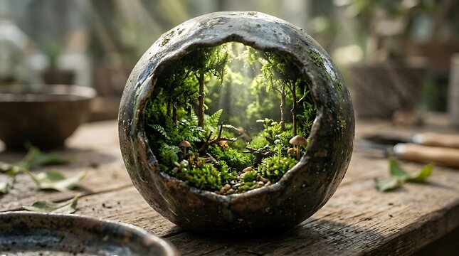 Miniature Terrarium Inside Glass Sphere.