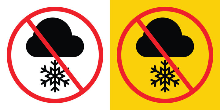No snow cloud prohibition sign icon featuring a filled black cloud with a large snowflake inside a red ban circle on white and yellow backgrounds.