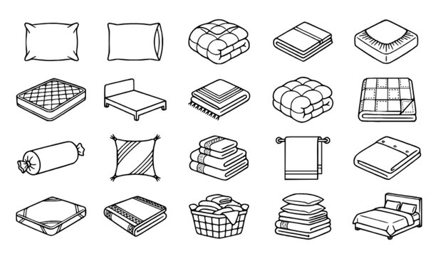 Bedding and Linen Essentials Thin Line Icon Set with Pillow, Duvet and Mattress