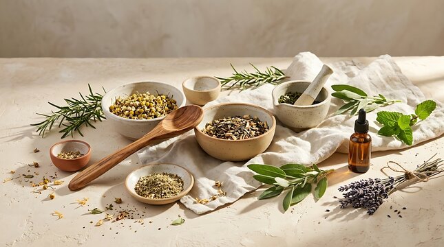 NaturalHerbsSpicesWoodenBowlsTableSetting.