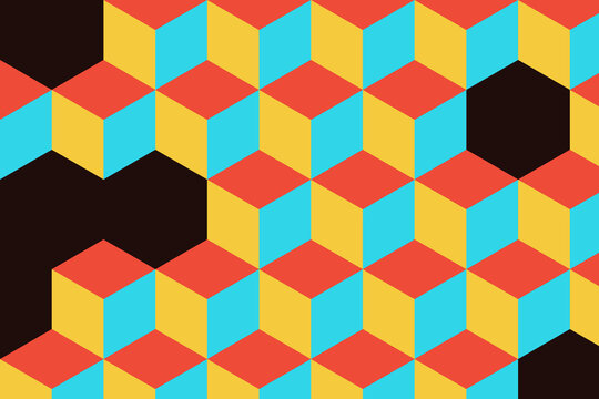 Isometric pattern of repeating cubes in yellow, blue, and red colors with dark black hexagonal voids arranged in a structured geometric grid layout