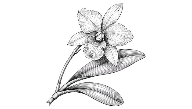 Orchid flower with leaves and stem in vintage botanical pen and ink drawing