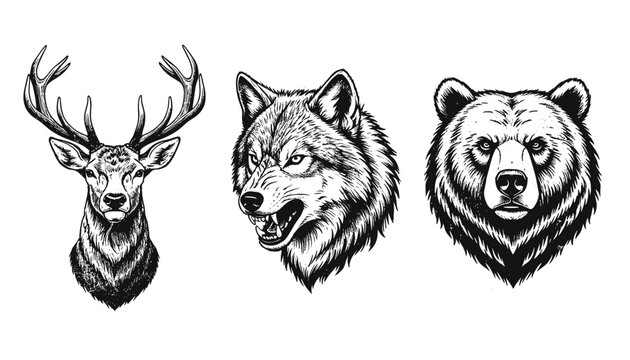 Portrait set of a majestic deer snarling wolf and grizzly bear in pen and ink style