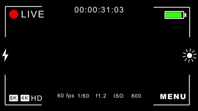 white camera viewfinder HUD overlay interface with recording status, battery indicator, resolution settings