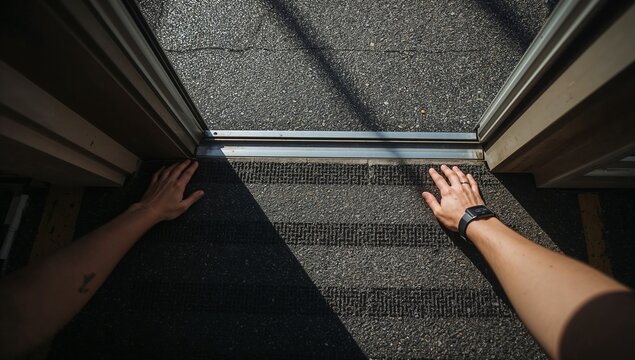 A person's hand emerges from a door, inviting entry