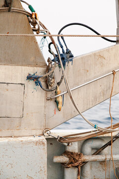 Weathered rigging and ropes on a working fishing boat