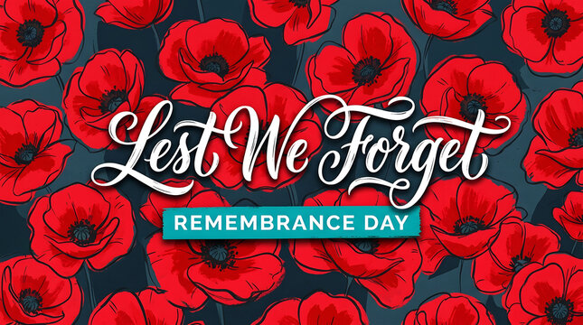 Vibrant red poppies surround the phrase lest we forget for remembrance day commemoration