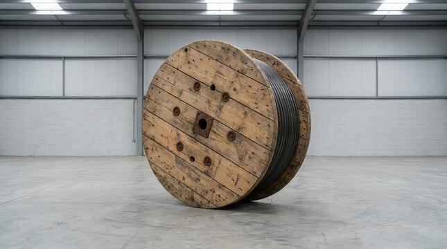 Large wooden spool with black cable inside an empty industrial warehouse with concrete floor and metal walls.