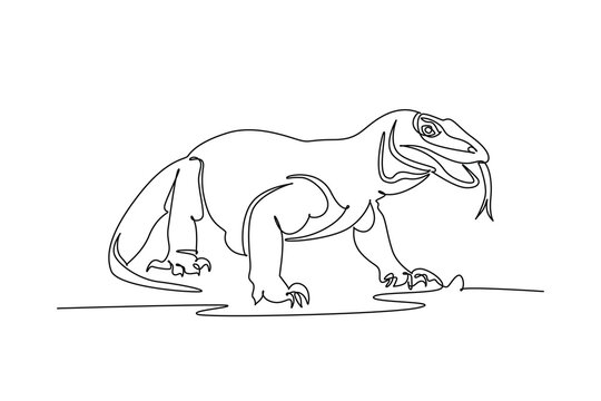 Continuous one line drawing wild Komodo dragon prowling forward with forked tongue flicking outward, heavy reptilian body, alert predatory demeanor. Single line draw design vector graphic illustration