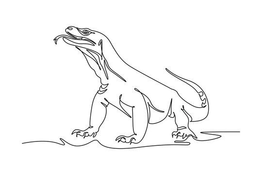 Continuous one line drawing wild Komodo dragon raising its head with forked tongue extended, sharp claws, reptile scales, alert predatory presence. Single line draw design vector graphic illustration