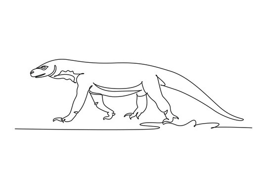 Continuous one line drawing a wild Komodo dragon or monitor lizard crawling low to the ground, sharp claws, heavy tail, and steady predatory gait. Single line draw design vector graphic illustration