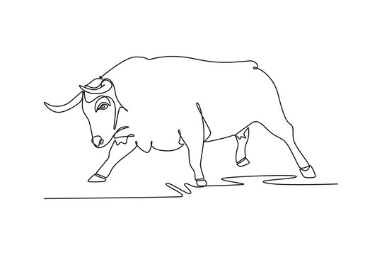 Single one line drawing a powerful wild bull charging forward with head lowered, sharp forward-pointing horns, muscular body, aggressive stance. Continuous line draw design graphic vector illustration