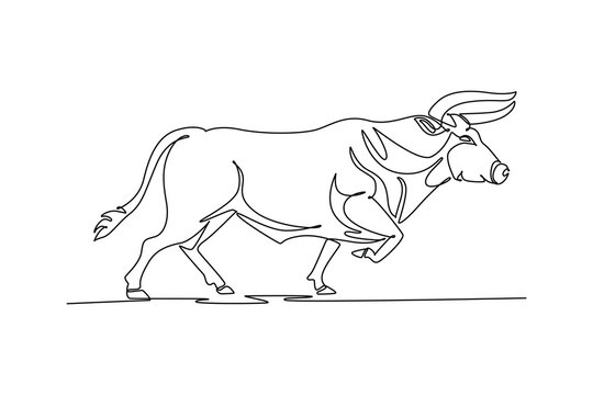 Single continuous line drawing a powerful wild bull running at full gallop across savanna terrain, curved horns, muscular shoulder folds, raised hoof. One line draw graphic design vector illustration
