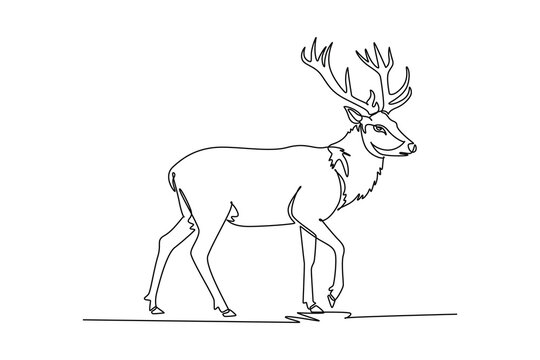 Single one line drawing deer or stag walking steadily forward across savanna terrain, large branching antlers, ruffled chest fur, slender legs. Continuous line draw design graphic vector illustration