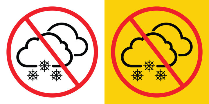 No snow clouds prohibition sign vector set on white and yellow background. Snowstorm restriction icon.