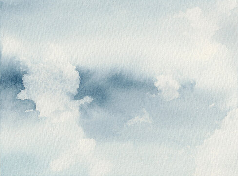 White clouds against blue sky painted in watercolors on textured paper