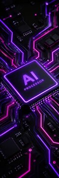Close up of glowing AI processor chip on a futuristic motherboard with purple and pink neon circuits
