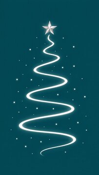 Minimalist glowing spiral Christmas tree with star on top and dots on blue background