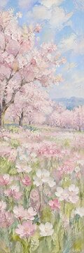 Impressionist painting of cherry blossom trees and flowers in a spring meadow under blue sky