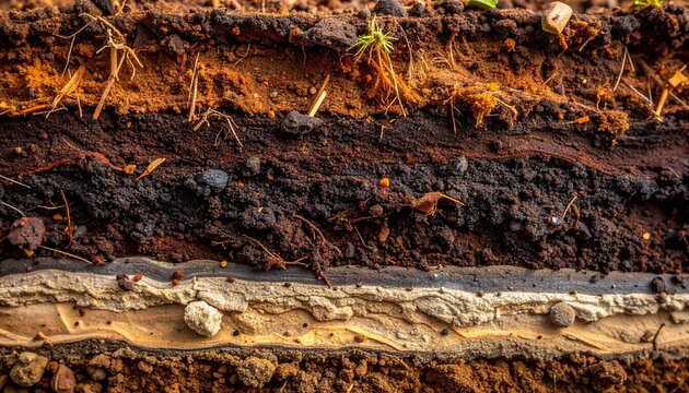 A vertical cross-section of peat soil, highly detailed layers from dark fibrous surface peat to compacted deep brown peat and a thin mineral clay layer below