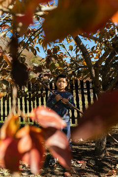 Raking fallen leaves