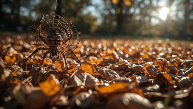 A spider sits on top of a pile of leaves, ready to spin its web