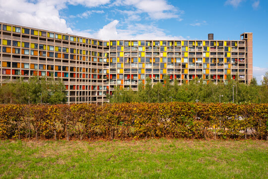 Colourful brutalist tower block, UK