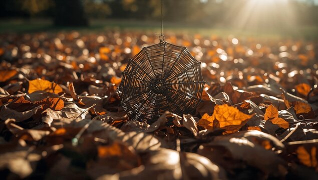 A spider web situated in a field of leaves, ideal for autumn or nature-themed designs