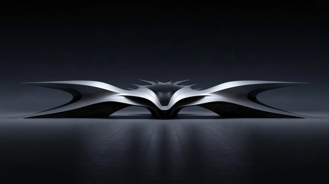 Futuristic symmetrical curved parametric sculpture with smooth silver black finish on dark tiled floor background modern architecture design concept