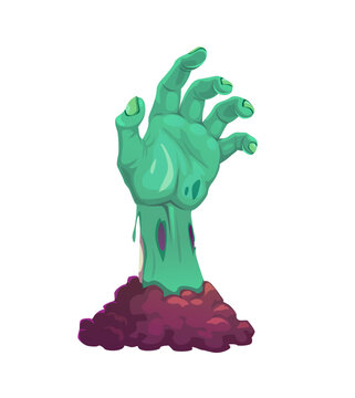 Cartoon Halloween zombie hand rising from the ground at dark night. Scary undead monster arm with green skin and clawed fingers emerging from grave soil. Vector horror fantasy spooky character limb
