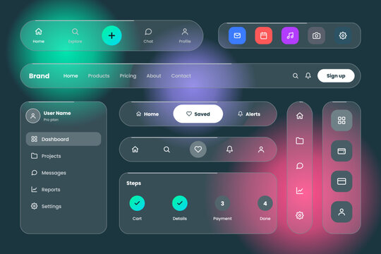 Liquid glass navigation bar set with bottom tab bar, floating dock, website menu, sidebar, segmented control and step progress on dark teal