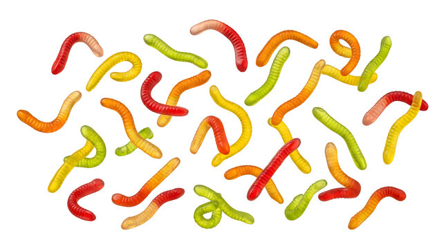 Colorful sweet jelly worms arranged in a chaotic pattern isolated on transparent background